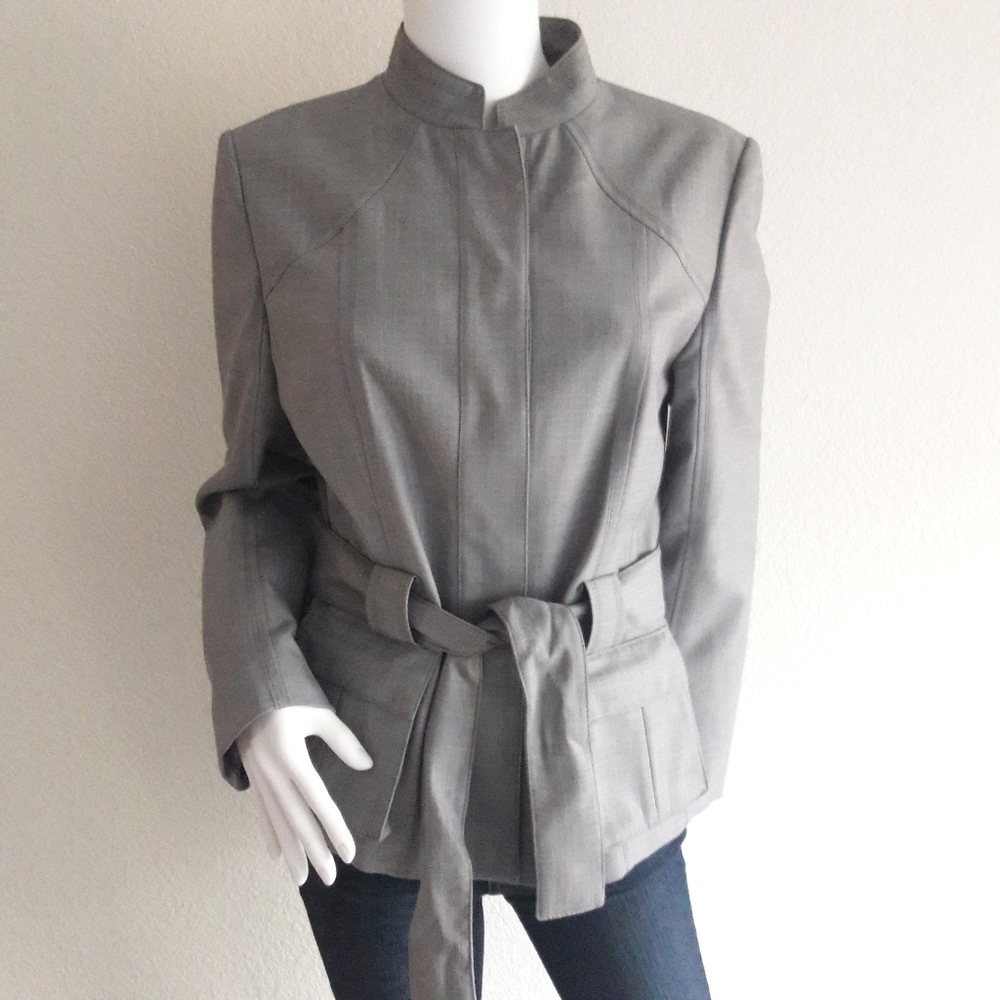 Calvin Klein Belted Linen Look Nehru Stand-up Collar Jacket